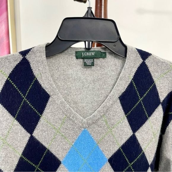 J. Crew Mens Argyle Pullover V- Neck Sweater in Gray Blue Size L - Picture 2 of 4